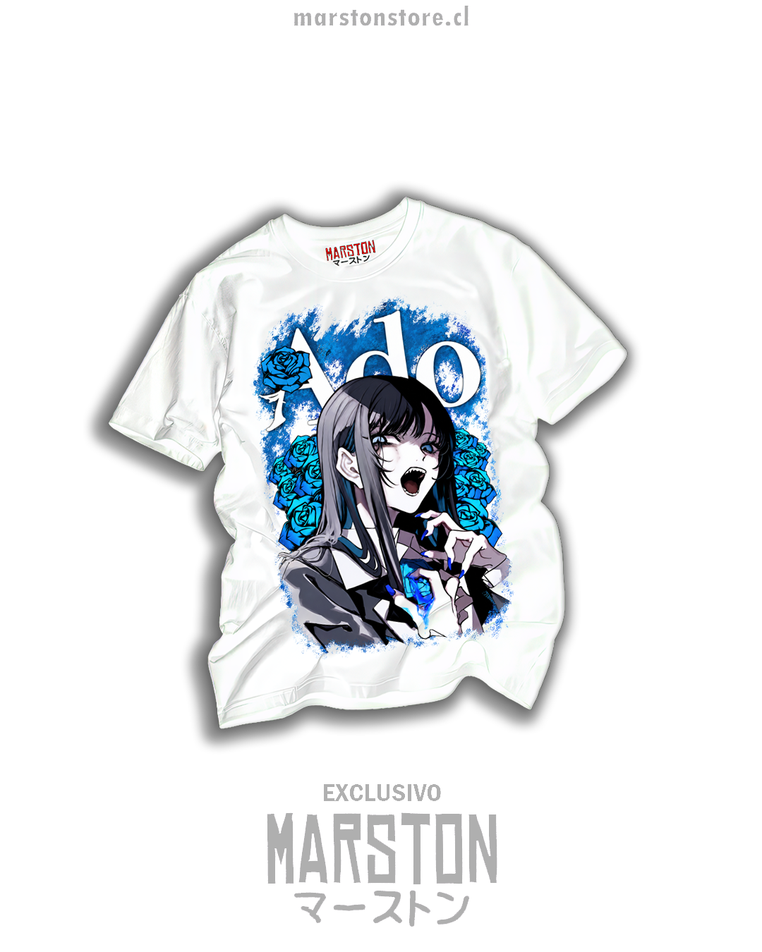 Polera blanca de Ado con retrato gótico de cantante japonesa, rosas azules y letras Ado