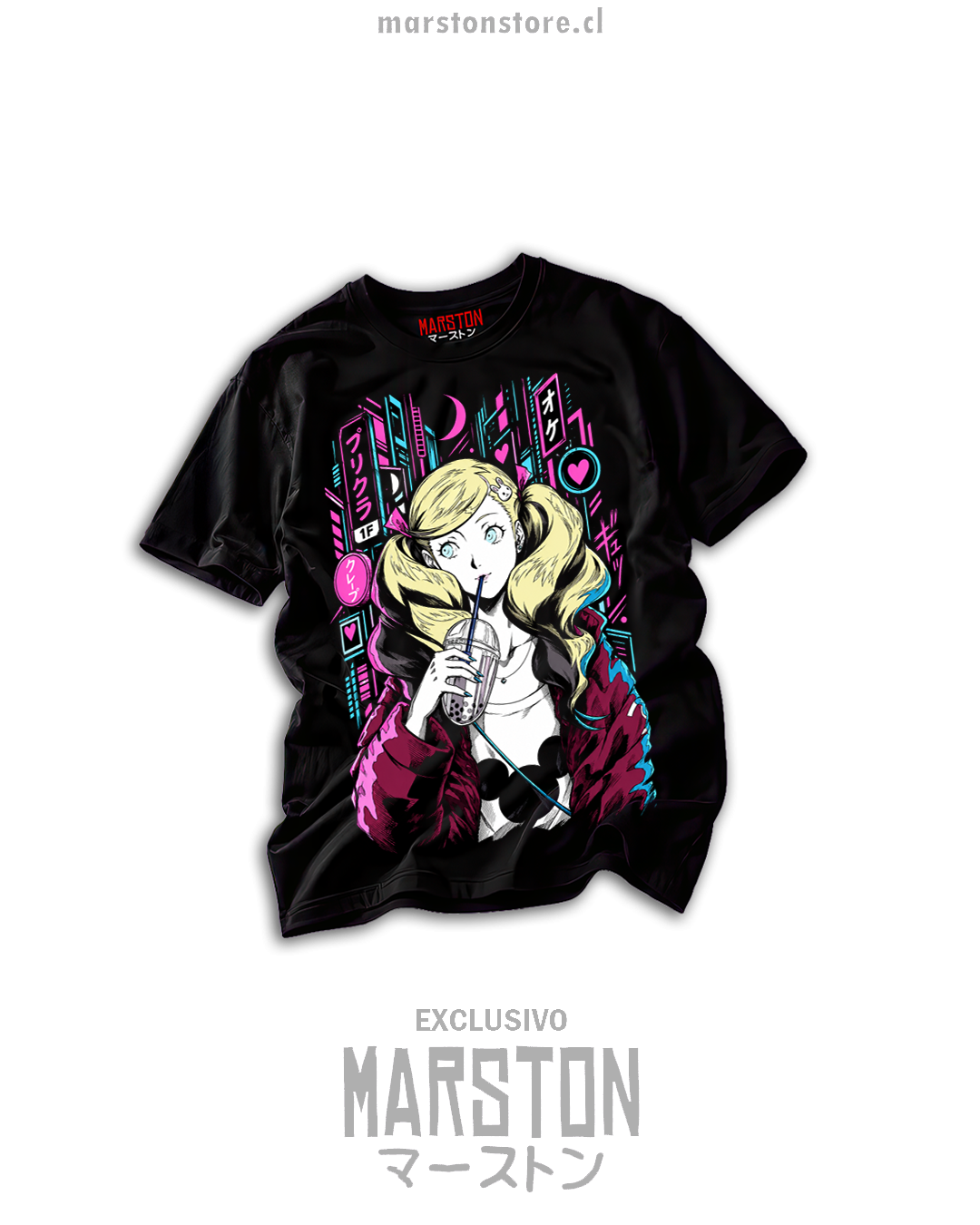 Polera negra Persona 5 con Ann Takamaki en ilustración rosa y verde