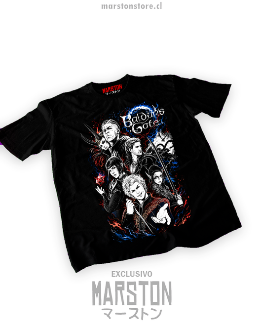 Polera negra con diseño de Baldur's Gate 3