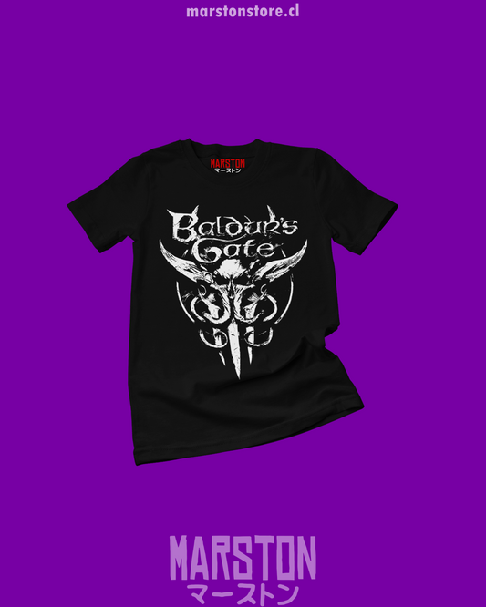 Polera negra con diseño de Baldur's Gate 3