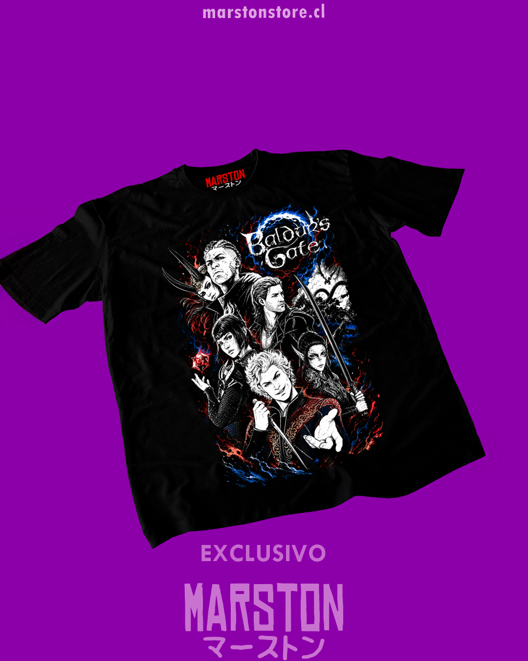 Polera negra con diseño de Baldur's Gate 3