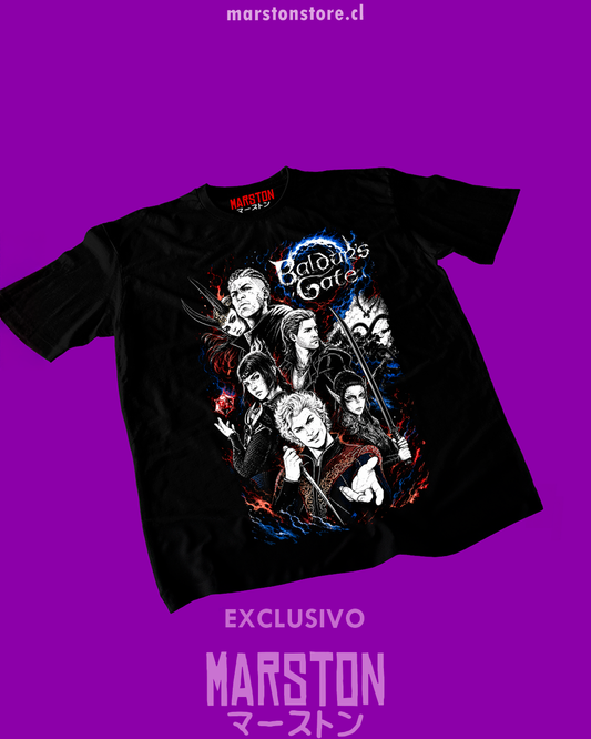 Polera negra con diseño de Baldur's Gate 3