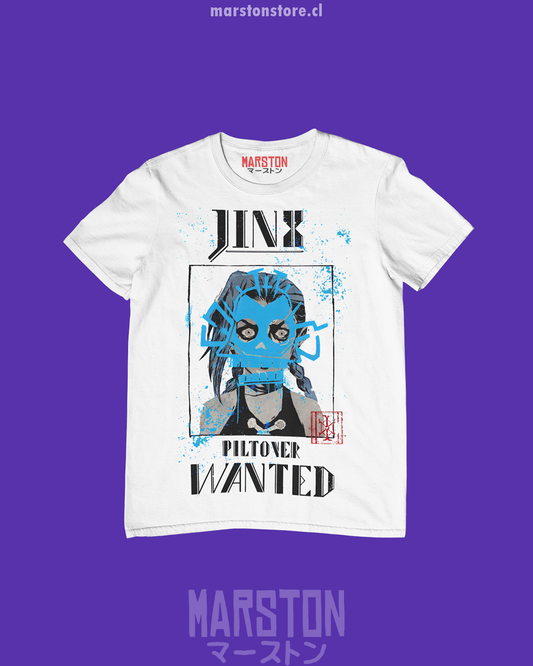 Polera blanca de Arcane con Jinx en diseño Wanted