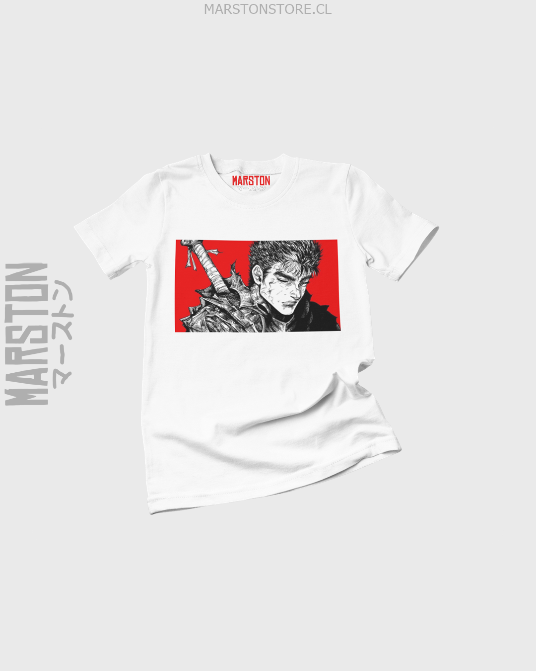 Polera blanca de Berserk con diseño de Guts