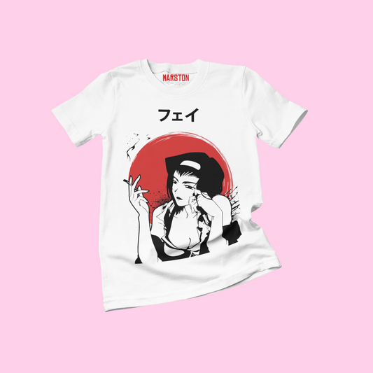 Polera blanca de Cowboy Bebop con Faye Valentine