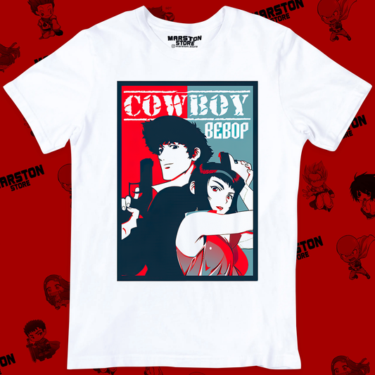 Polera blanca de Cowboy Bebop con Faye Valentine y Spike Spiegel
