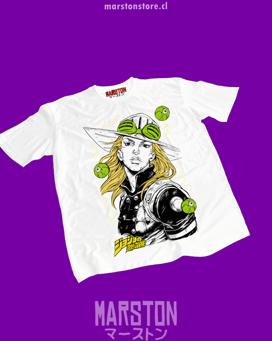 Polera blanca de JoJo's Bizarre Adventure con diseño anime