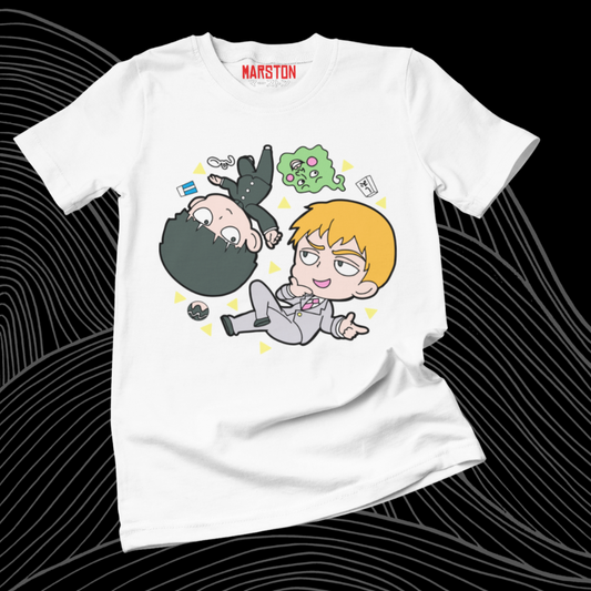 Polera blanca de Mob Psycho 100 con Shigeo Kageyama y Reigen Arataka