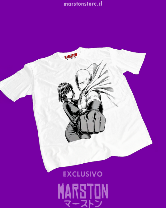 Polera blanca de One Punch Man con Fubuki y Saitama