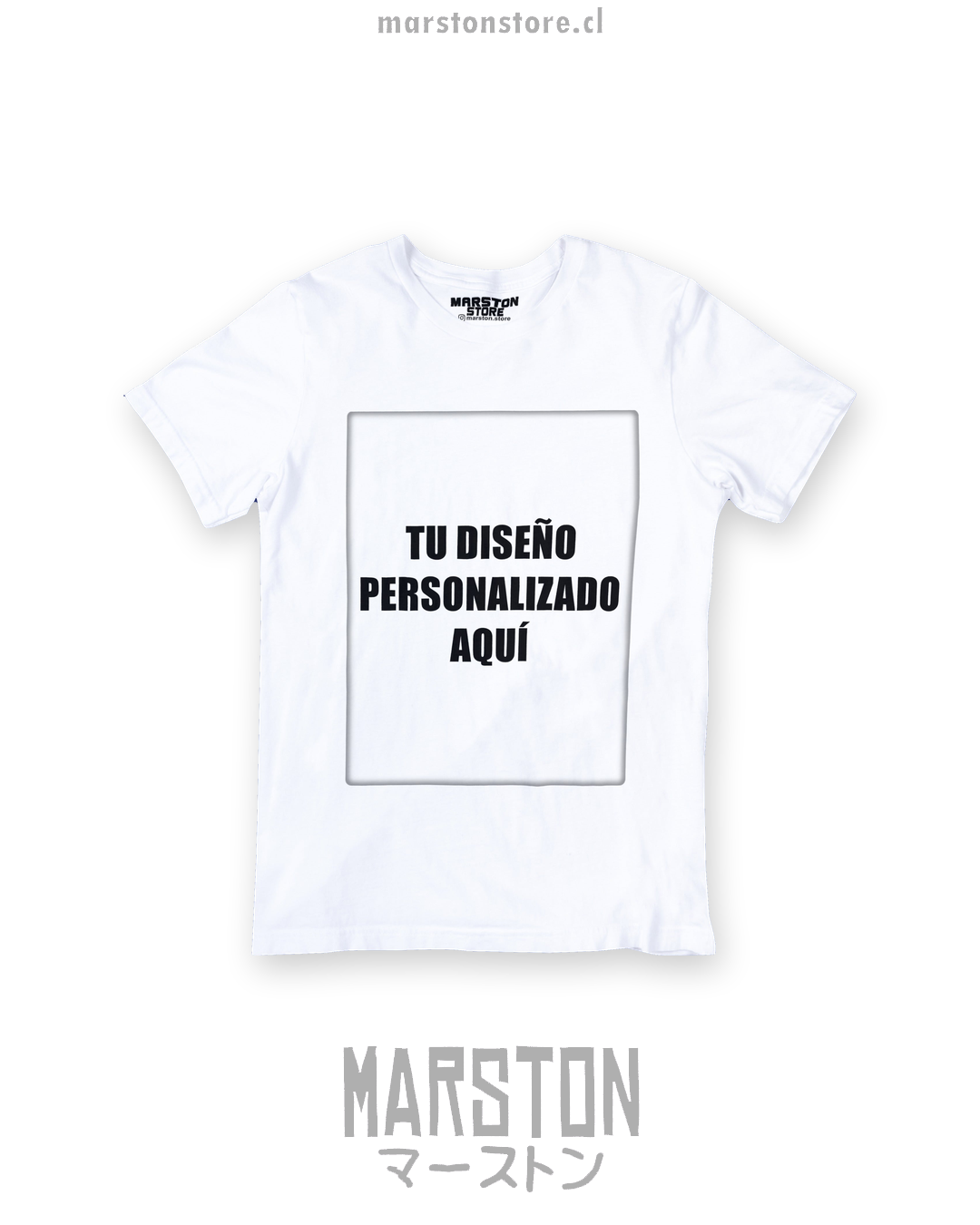 Polera blanca personalizada – mockup Marston sobre fondo blanco