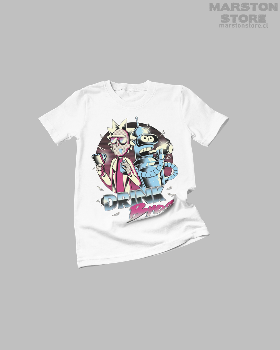 Polera blanca crossover Rick y Morty x Futurama con Bender