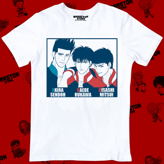 Polera blanca de Slam Dunk con Akira Sendoh, Kaede Rukawa e Hisashi Mitsui