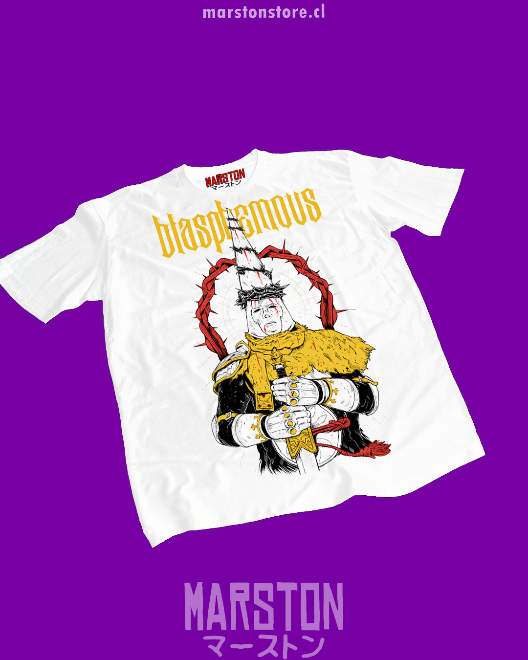 Polera blanca con diseño de Blasphemous