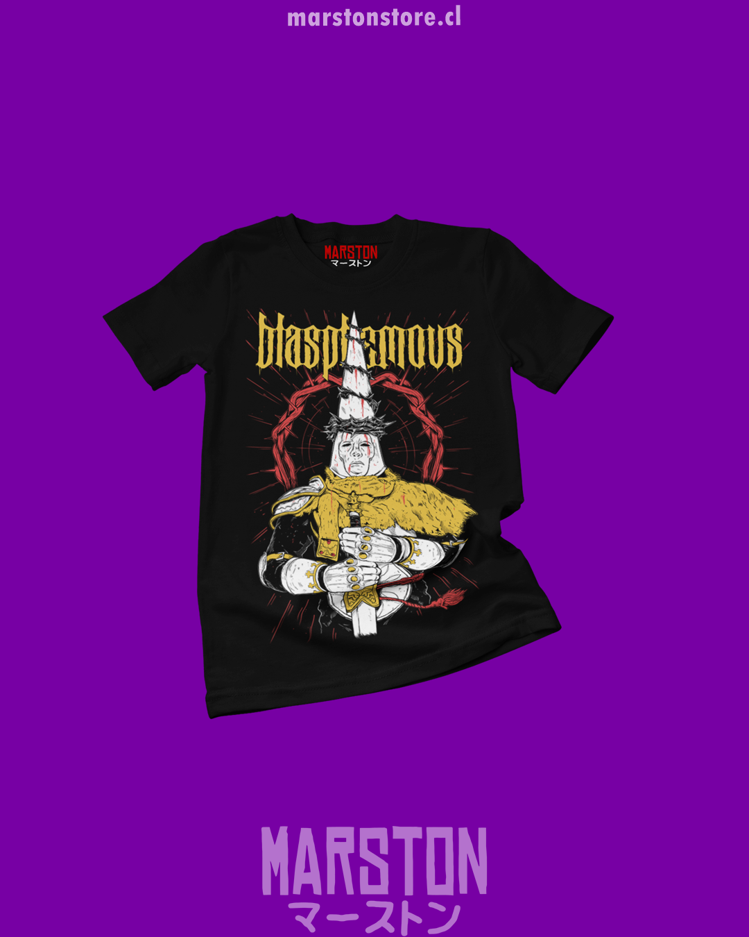 Polera negra con diseño de Blasphemous