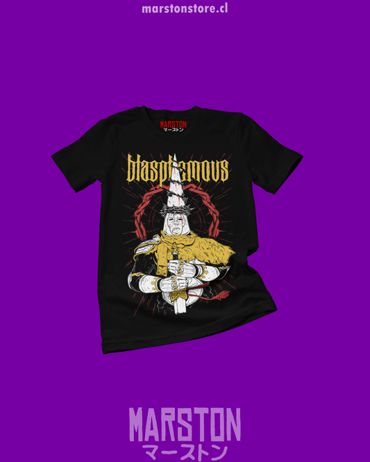 Polera negra con diseño de Blasphemous