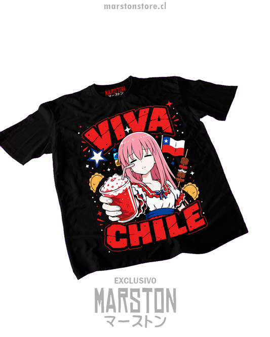 Polera negra Bocchi the Rock! de Hitori Gotoh con diseño dieciochero para Fiestas Patrias de Chile