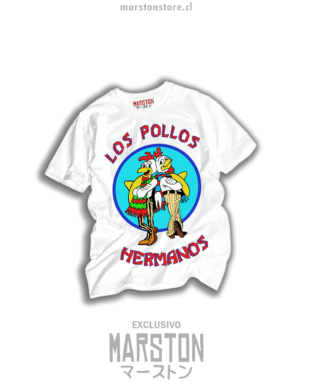 Polera blanca Breaking Bad y Better Call Saul con logo de Los Pollos Hermanos