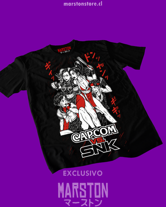 Polera negra Capcom vs. SNK con Chun-Li y Mai Shiranui