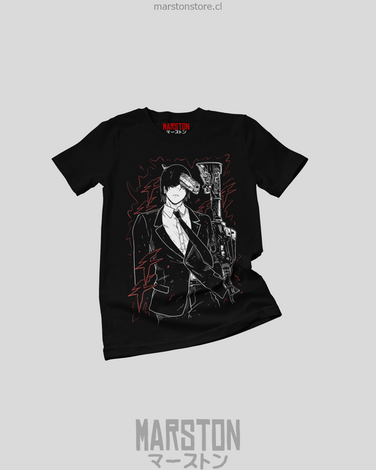 Polera negra Chainsaw Man con diseño de Aki Hayakawa