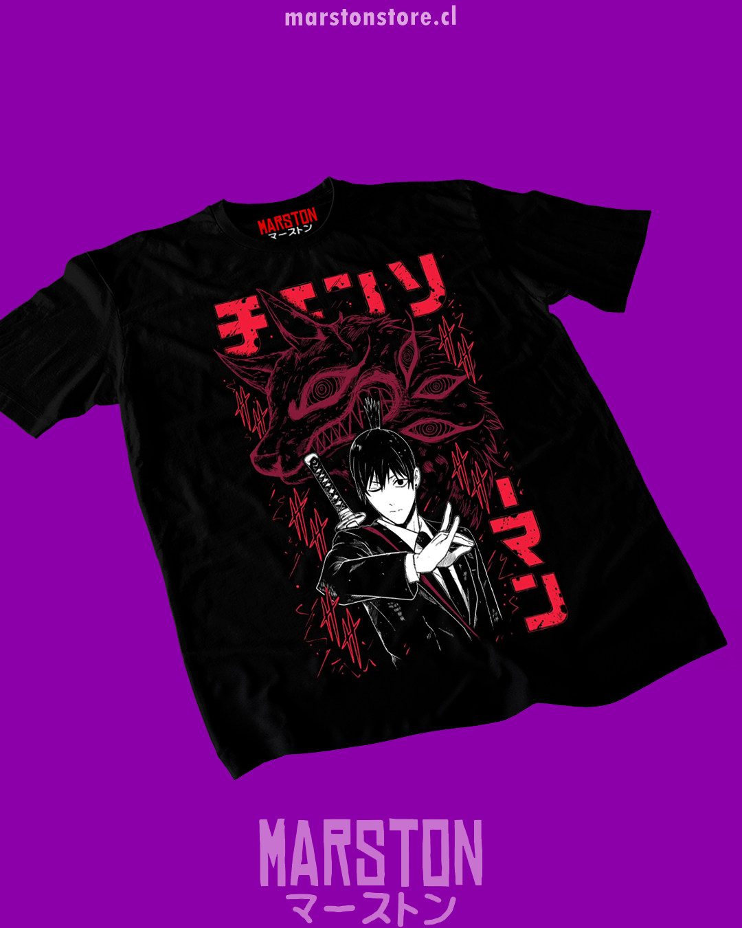 Polera negra Chainsaw Man con diseño de Aki Hayakawa
