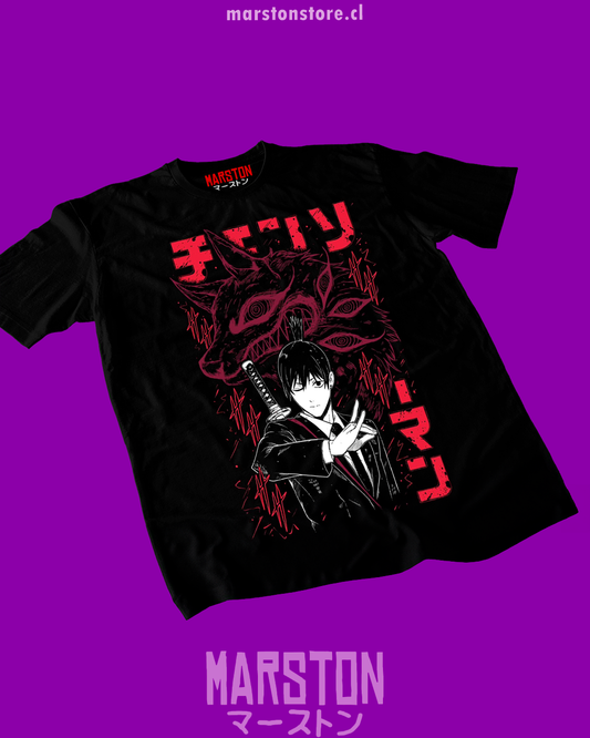 Polera negra Chainsaw Man con diseño de Aki Hayakawa