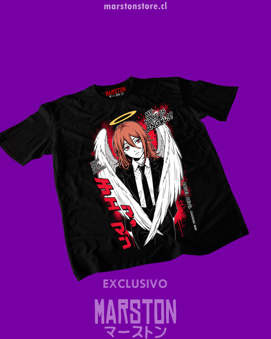 Polera negra Chainsaw Man con diseño de Angel Devil