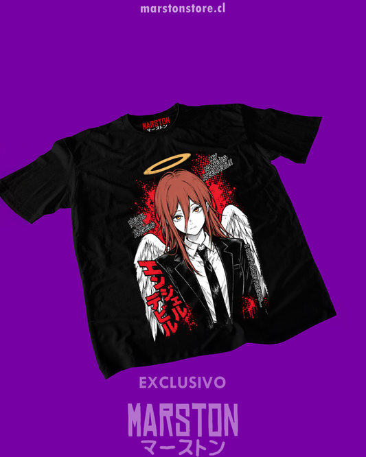 Polera negra Chainsaw Man con diseño de Angel Devil