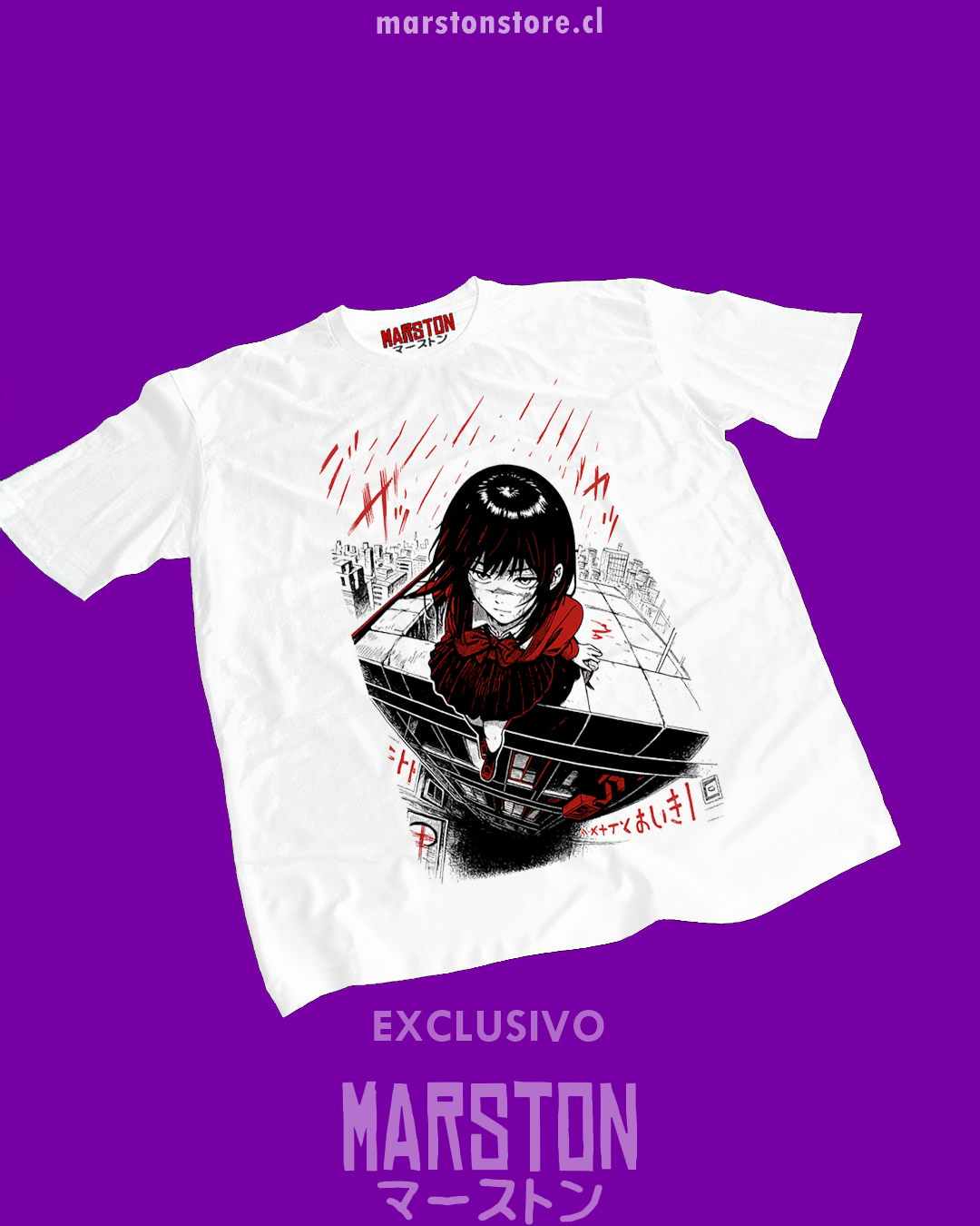 Polera blanca Chainsaw Man con diseño de Asa Mitaka