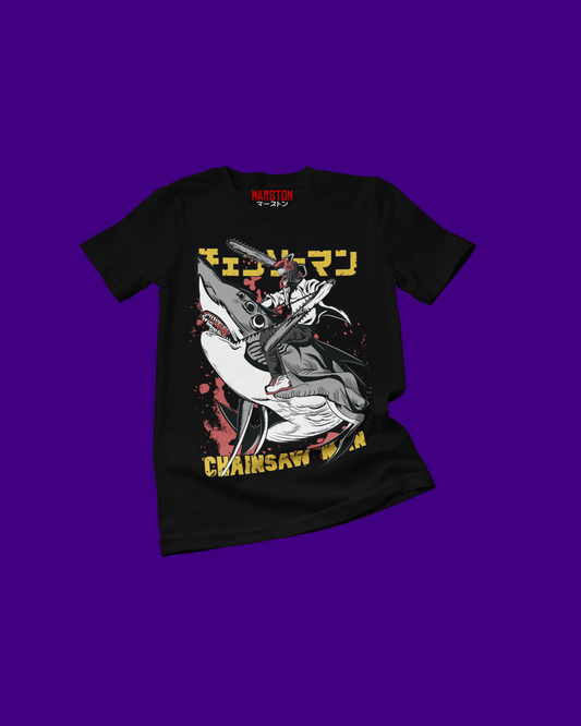 Polera negra Chainsaw Man con Denji y Beam