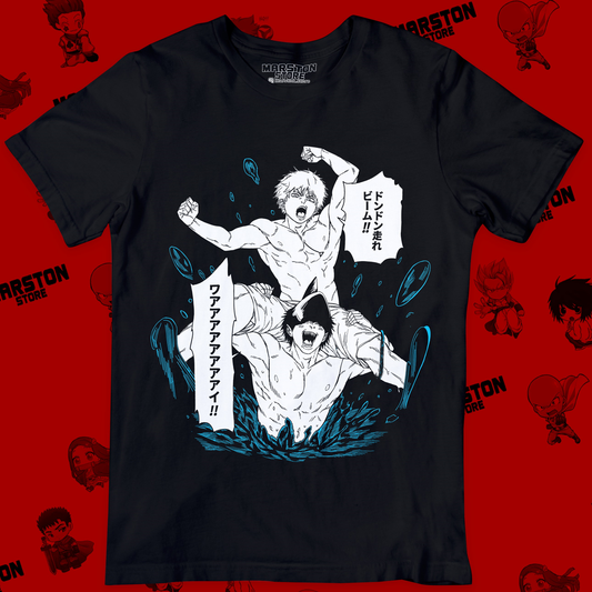 Polera negra Chainsaw Man con Denji y Beam
