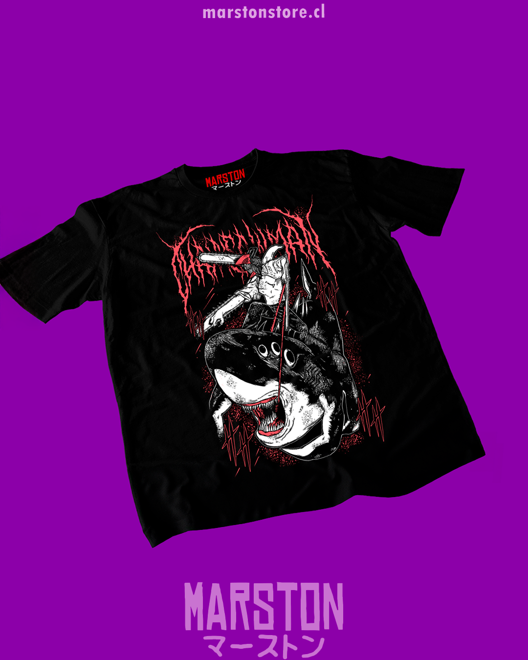 Polera negra Chainsaw Man con Denji y Beam