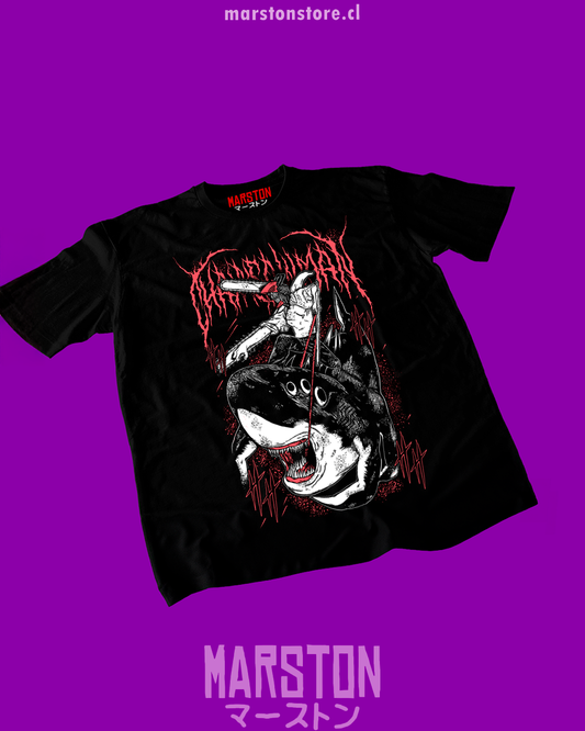 Polera negra Chainsaw Man con Denji y Beam