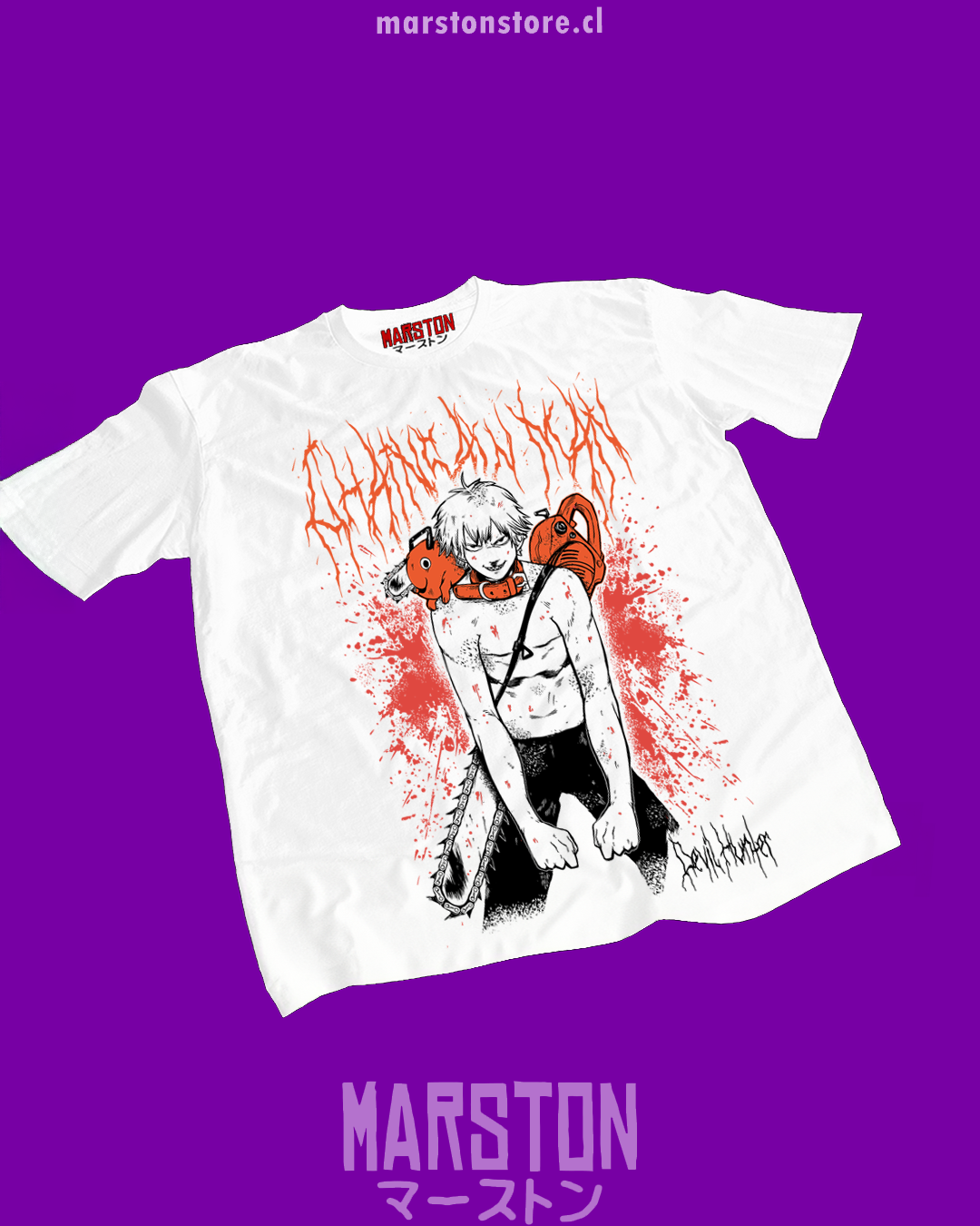 Polera blanca Chainsaw Man con diseño de Denji