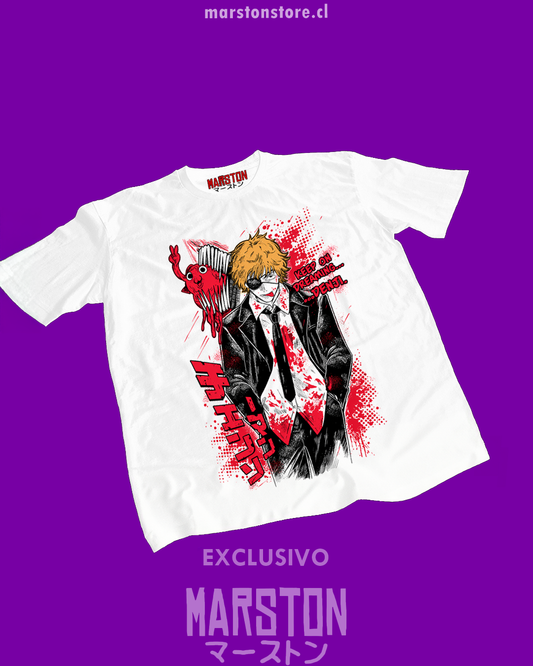 Polera blanca Chainsaw Man con diseño de Denji
