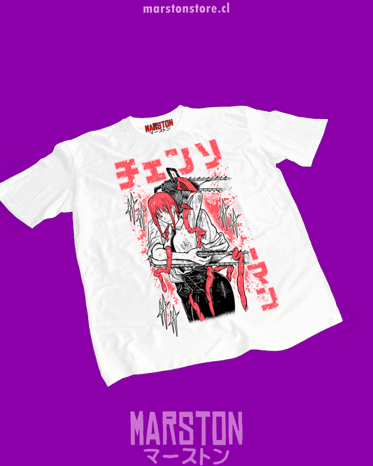 Polera blanca Chainsaw Man con Denji y Makima