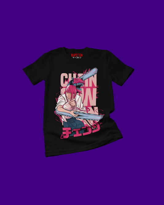 Polera negra Chainsaw Man con Denji y Makima