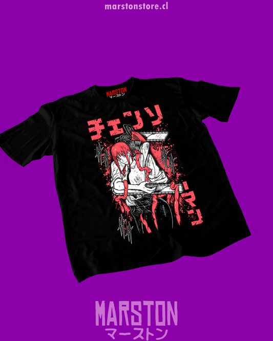 Polera negra Chainsaw Man con Denji y Makima