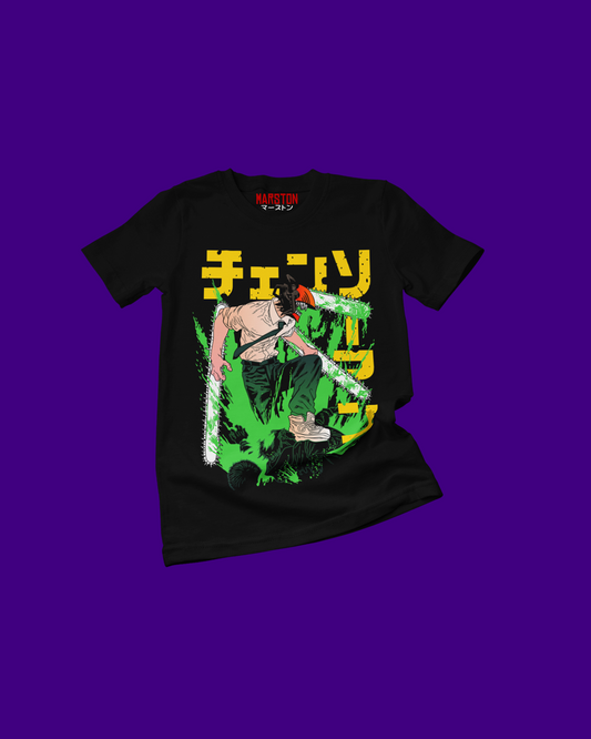 Polera negra Chainsaw Man con diseño de Denji
