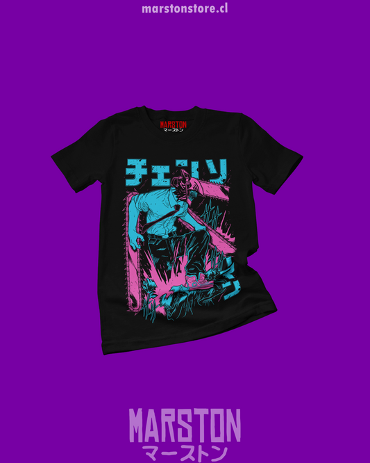 Polera negra Chainsaw Man con diseño de Denji