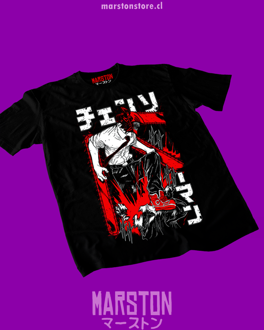 Polera negra Chainsaw Man con diseño de Denji