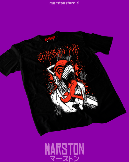Polera negra Chainsaw Man con diseño de Denji