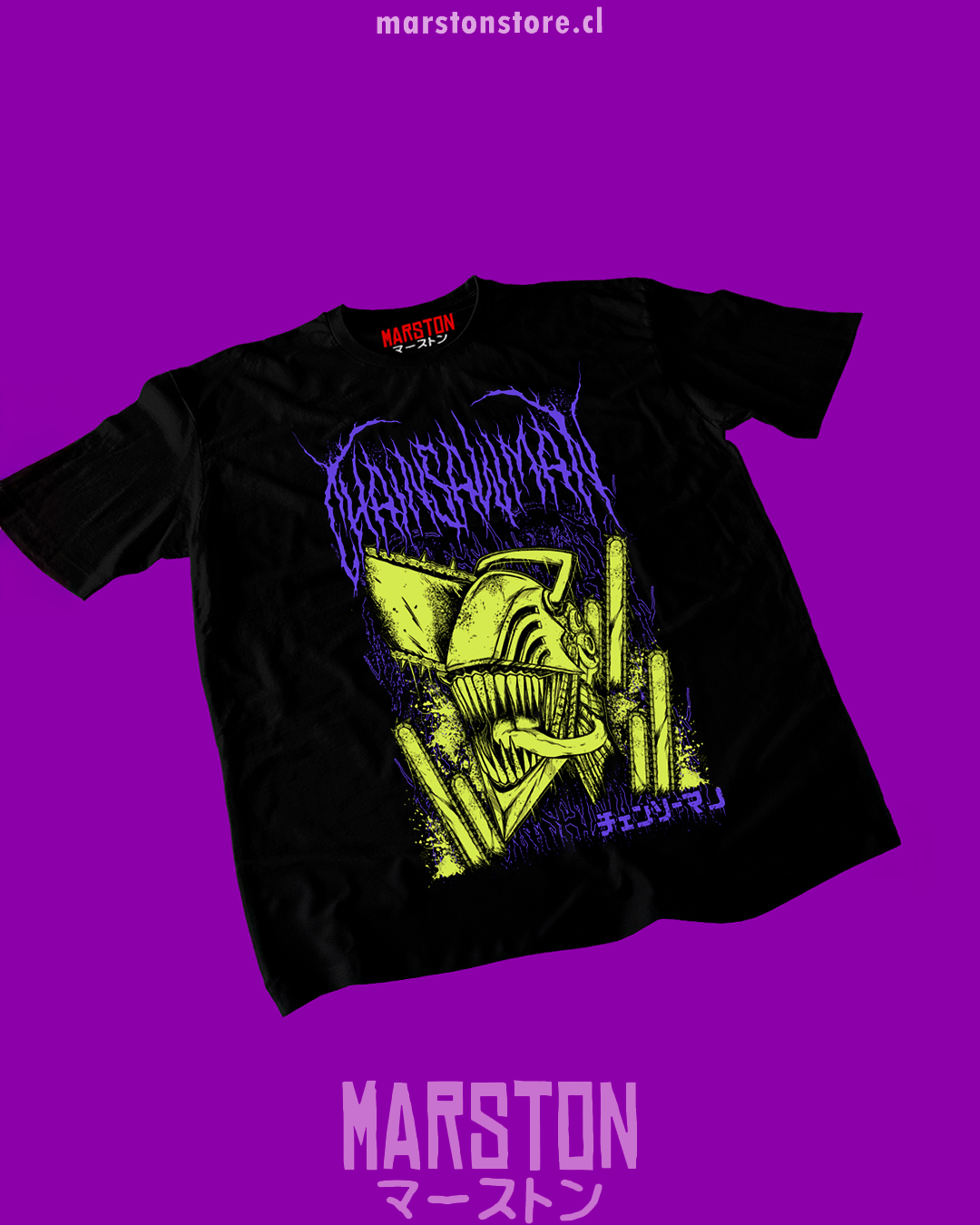 Polera negra Chainsaw Man con diseño de Denji