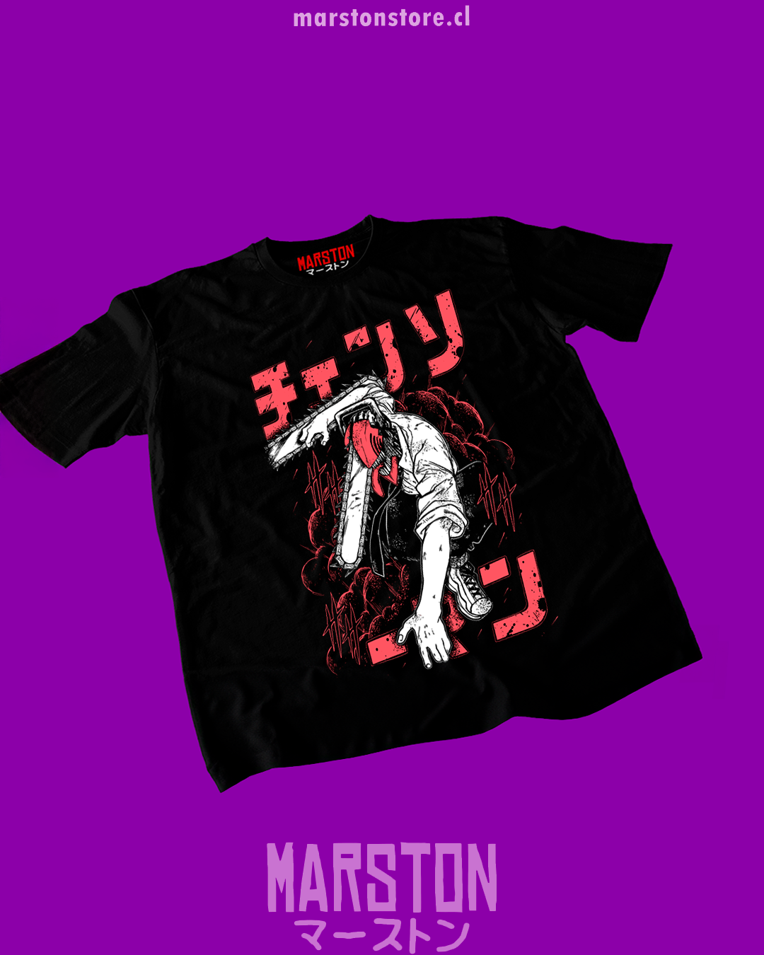 Polera negra Chainsaw Man con diseño de Denji