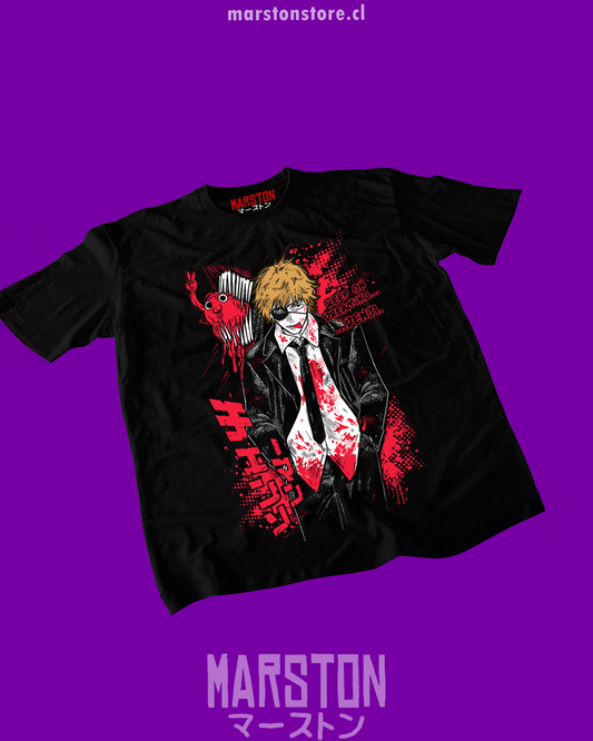 Polera negra Chainsaw Man con diseño de Denji