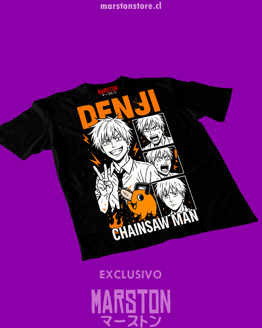 Polera negra Chainsaw Man con Denji y Pochita