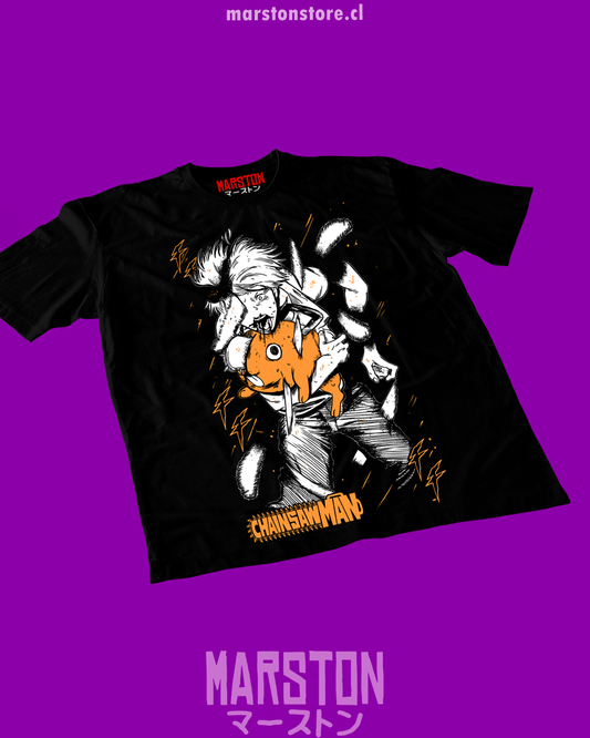 Polera negra Chainsaw Man con Denji y Pochita