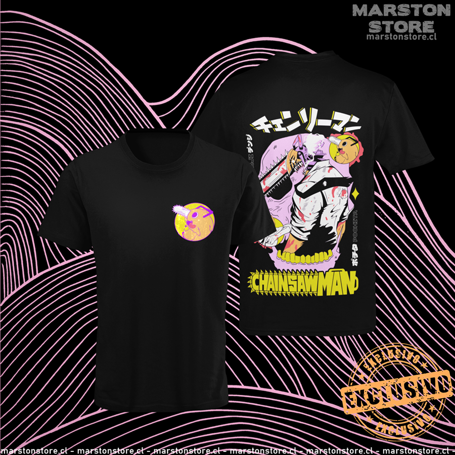 Polera negra Chainsaw Man con Denji y Pochita, versión 2