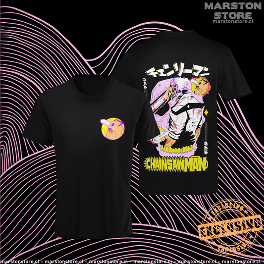 Polera negra Chainsaw Man con Denji y Pochita, versión 2