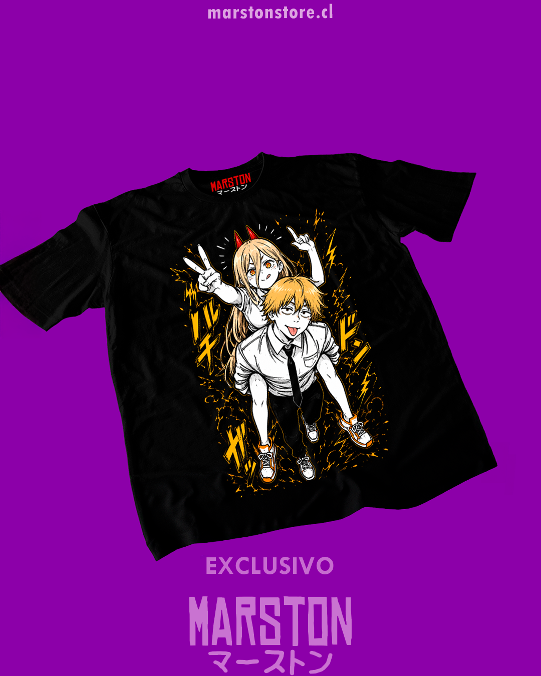 Polera negra Chainsaw Man con Denji y Power