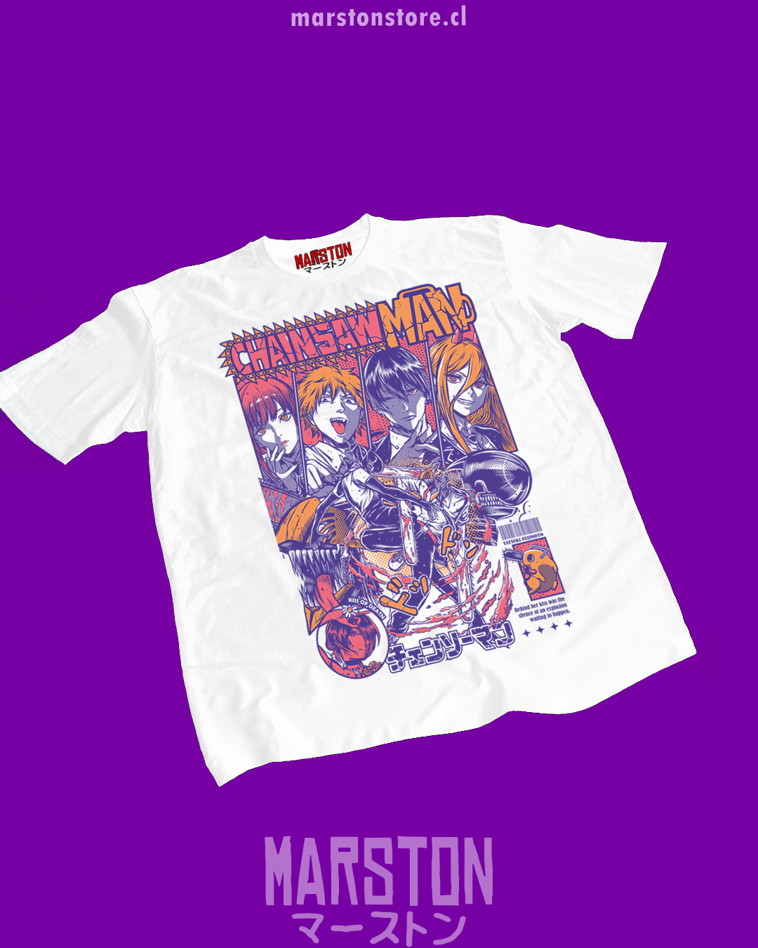 Polera blanca Chainsaw Man con Denji, Reze, Makima, Power y Aki Hayakawa